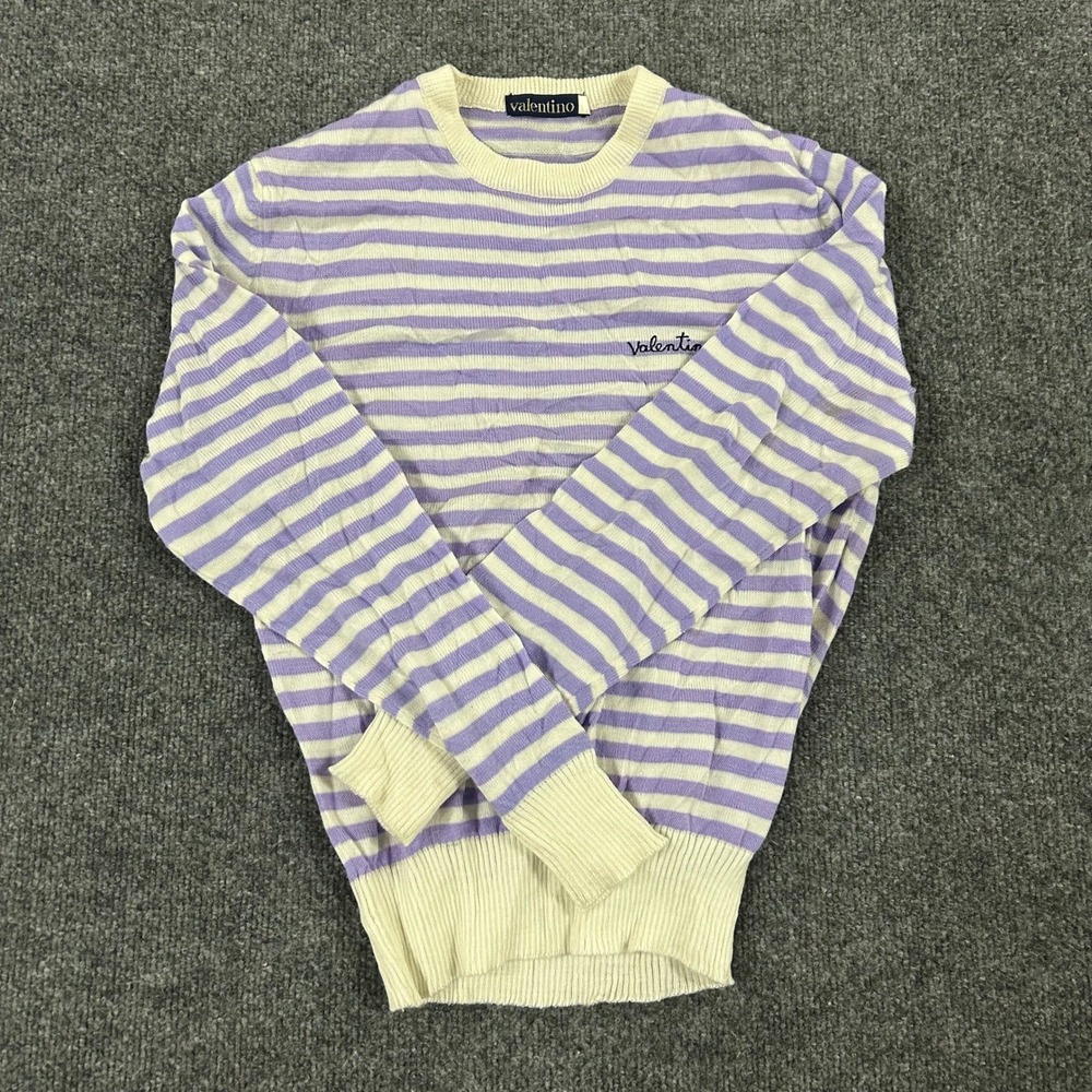 Valentino Sweater Womens Size M Purple Striped Long Sleeve Knit Crewneck Logo